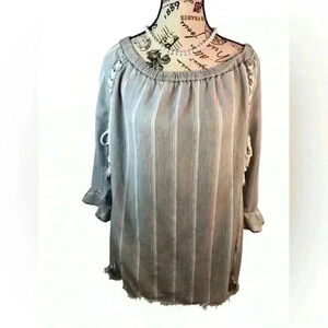 Standard Grace XL Gray and White Stripe Off Shoulder Blouse Embroidered 3/4